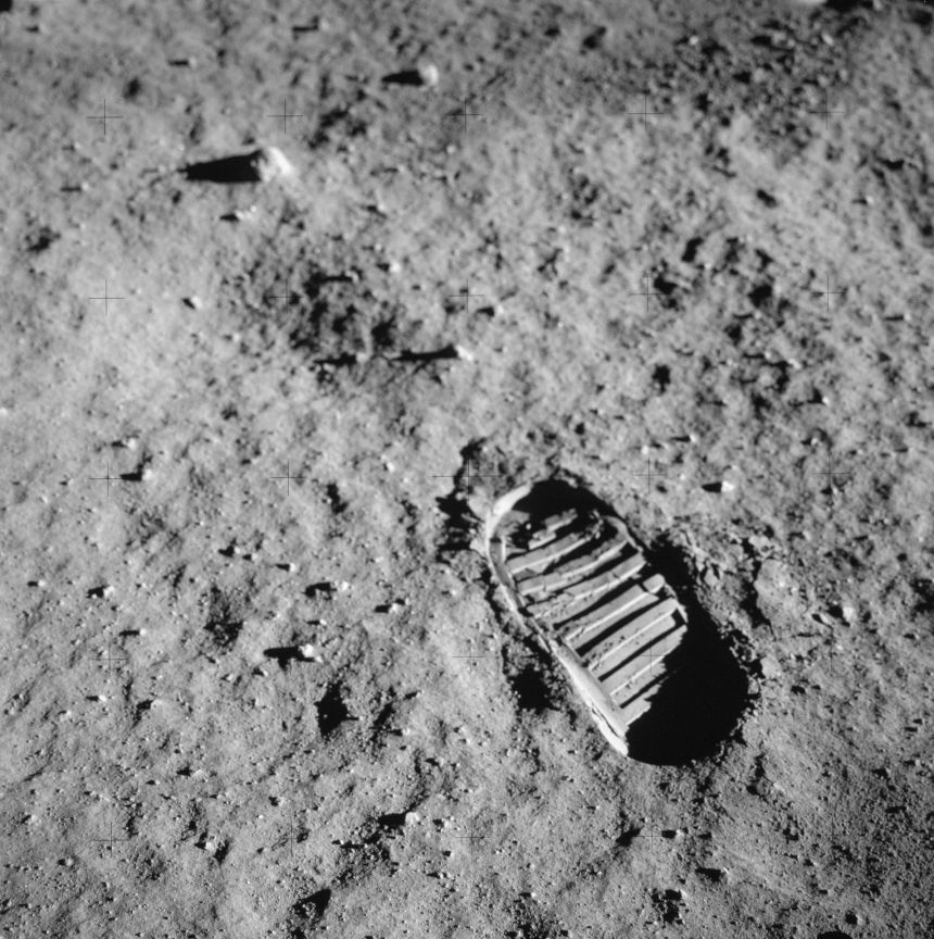 An astronaut's boot print in the lunar soil, photographed during the Apollo 11 mission.